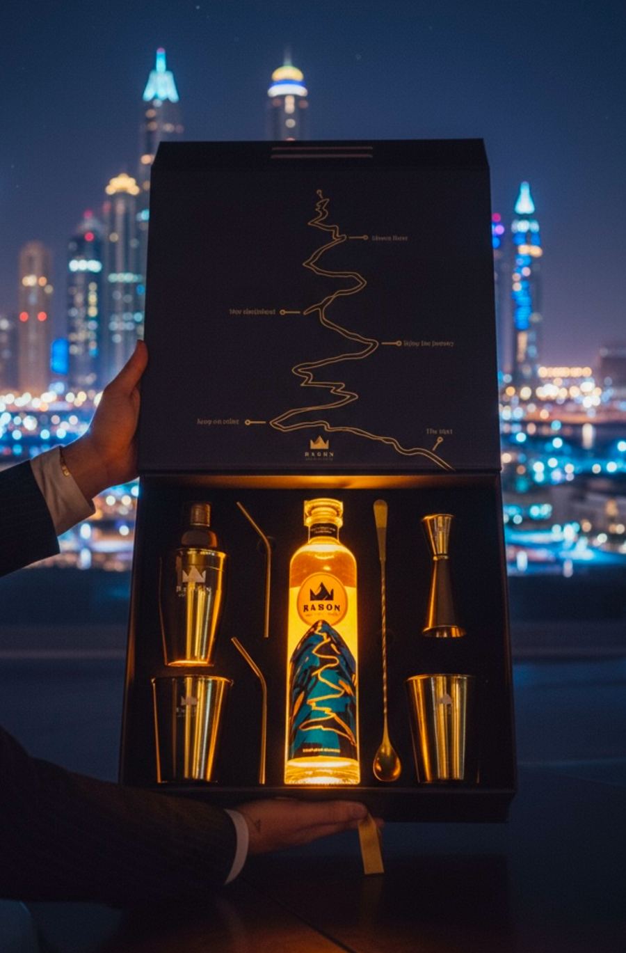 Baron Rum cocktailbox bij avond in de stad